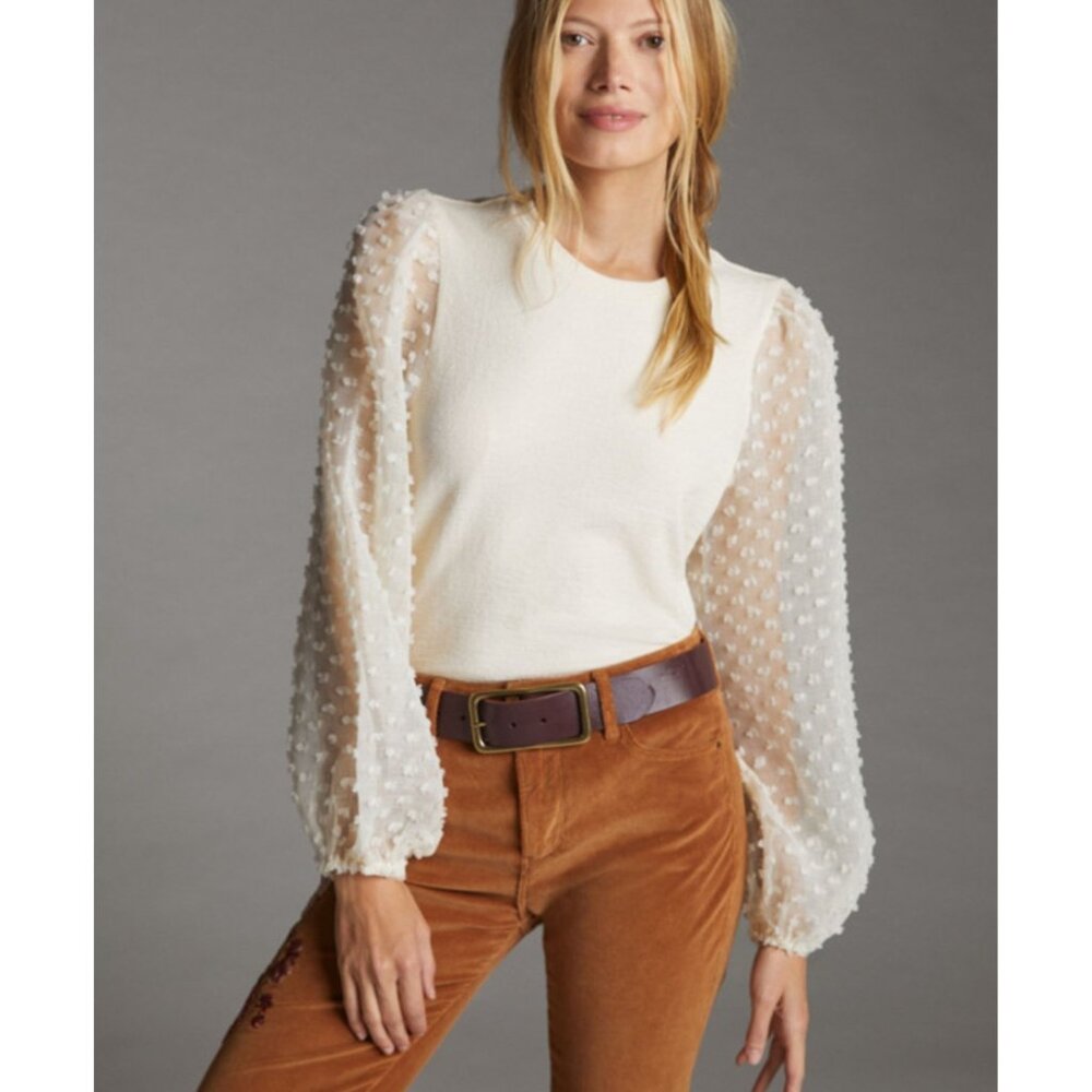 Anthropologie Maeve Cream Swiss Dot Puff Sleeve Blouse Sz Large